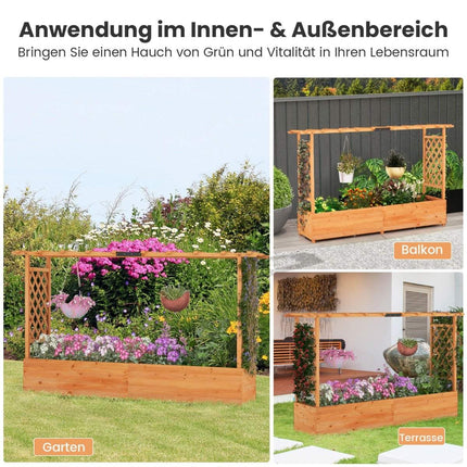 Pat înălțat din lemn cu spalier și acoperiș suspendat și jardinieră cu spalier 200 x 44 x 114 cm
