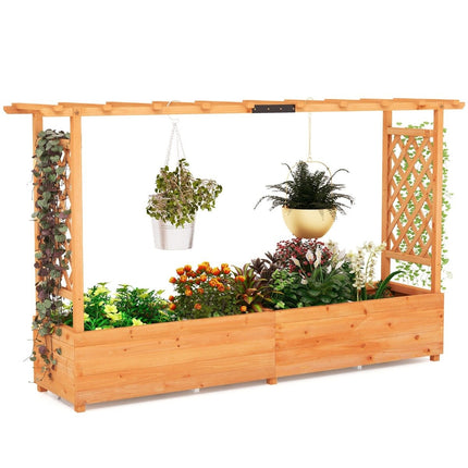 Pat înălțat din lemn cu spalier și acoperiș suspendat și jardinieră cu spalier 200 x 44 x 114 cm