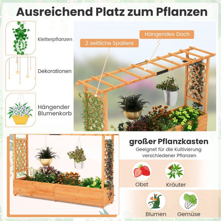 Pat înălțat din lemn cu spalier și acoperiș suspendat și jardinieră cu spalier 200 x 44 x 114 cm
