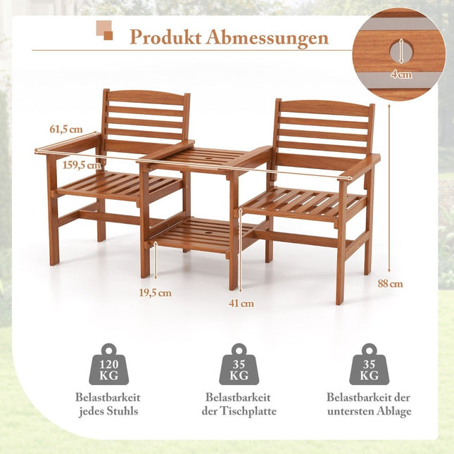 Set de scaune din lemn cu măsuță de cafea și gaură pentru umbrelă. Set mobilier de gradina rezistent la intemperii pentru terasa