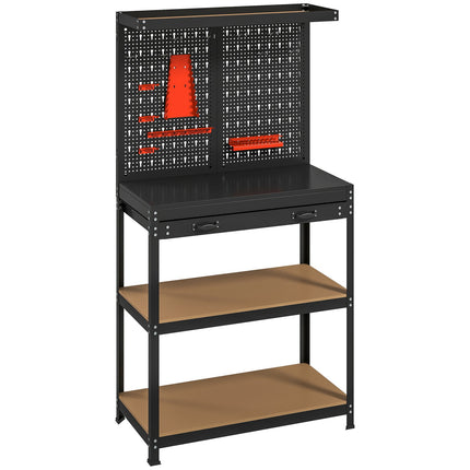 Banc de lucru cu placă perforată, cârlige, sertar, 2 rafturi, negru