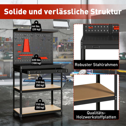 Banc de lucru cu placă perforată, cârlige, sertar, 2 rafturi, negru
