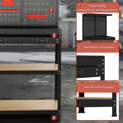 Banc de lucru cu placă perforată, cârlige, sertar, 2 rafturi, negru