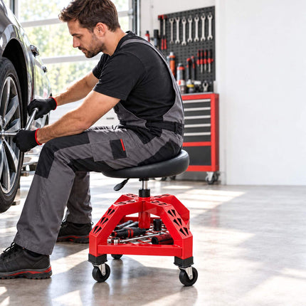 Workshop Stool with Backrest and Gas Lift 50–65 cm, Max 136 kg, Red