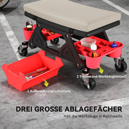 Scaun de atelier cu roți, spațiu de depozitare 35 cm înălțime, scaun rulant, capacitate de încărcare până la 135 kg, gri