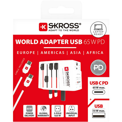 World travel adapter MUV USB AC65PD USB-A+USB-C PD 65W Ungrounded