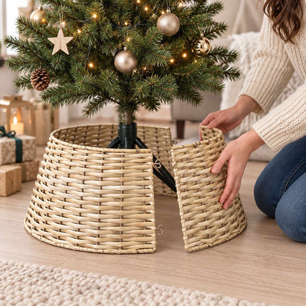 Woven Willow Christmas Tree Skirt, Three-Part Tree Collar, Natural