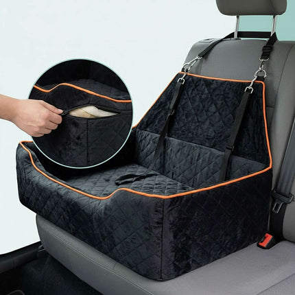 Scaun auto pentru câini XXL, catifea, negru/portocaliu, design 2 în 1