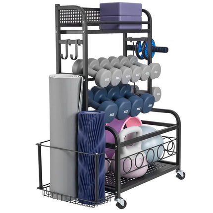 Yoga Mat Storage Rack, Steel Organizer With Hooks, Wheels