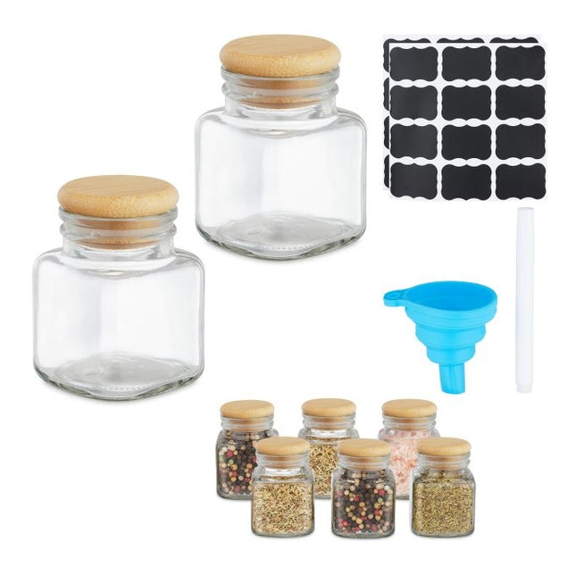 set de 8 borcane de condimente cu capac din bambus